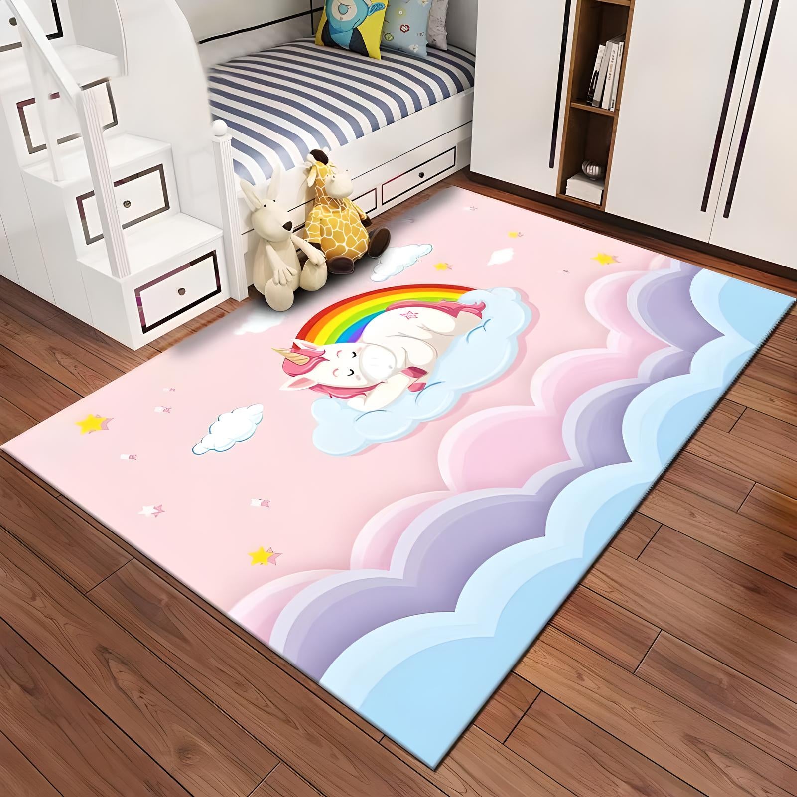 Imagem do Tapete Belga Kids Antiderrapante 1,00 X 1,40 Metros; Modelo: Unicornio Nuvens.