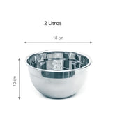 Imagem mostrando as medidas da Tigela Funda Multiuso Profissional de 2 Litros: 18 centímetros de diâmetro; 10 centímetros de altura.