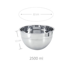 Imagem mostrando as medidas da Tigela Funda Multiuso Profissional de 2.5 Litros: 22 centímetros de diâmetro; 12 centímetros de altura.