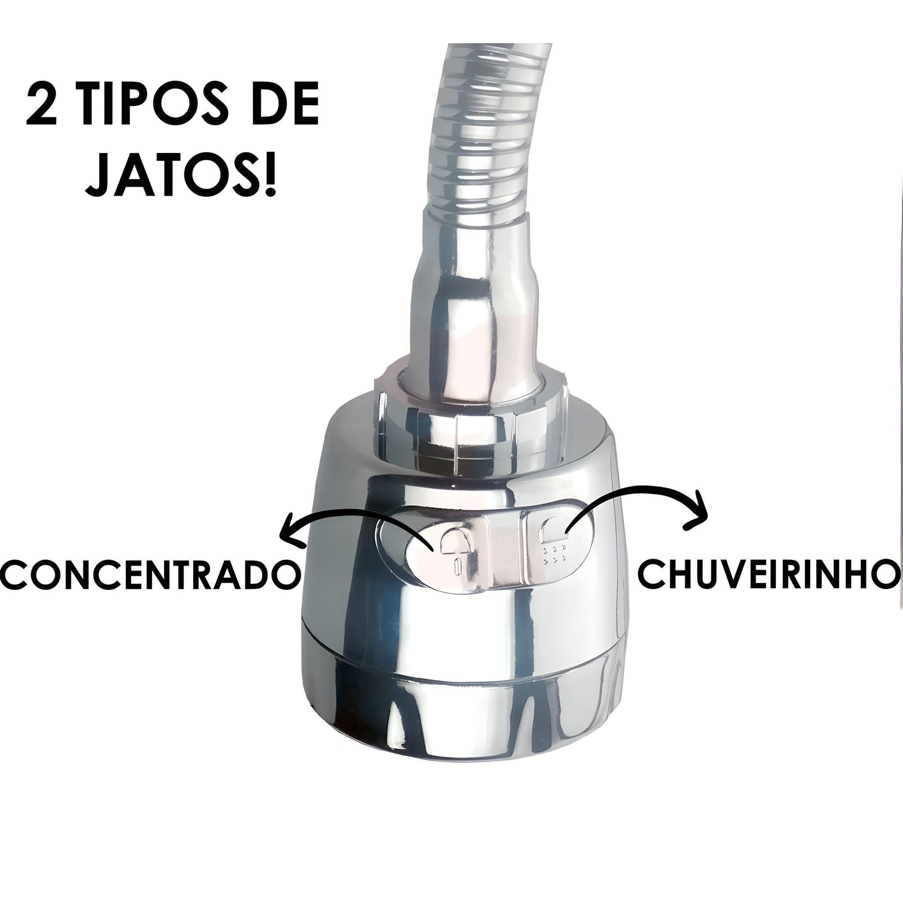 Imagem da saída de água da Torneira Gourmet, mostrando os botões que acionam os dois tipo de jato: concentrado e chuveirinho