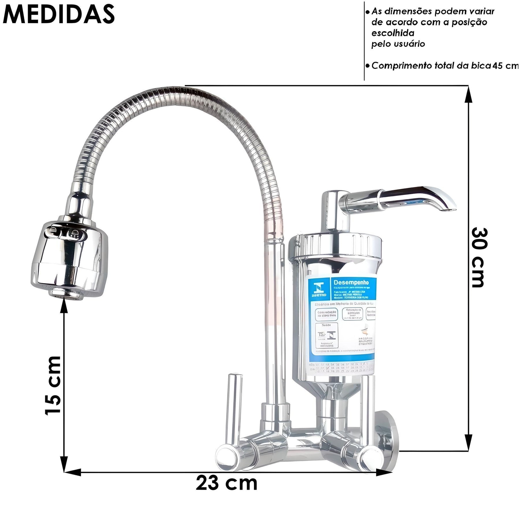 Imagem mostrando as dimensões da Torneira Gourmet: Altura da base até a saída da água: 15 centímetros, Profundidade da saída da água até o final do cano: 23 centímetros, Altura total: 30 centímetros