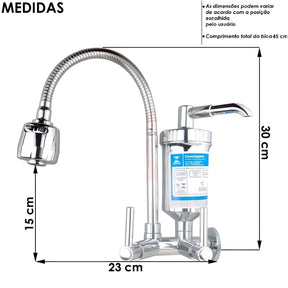 Imagem mostrando as dimensões da Torneira Gourmet: Altura da base até a saída da água: 15 centímetros, Profundidade da saída da água até o final do cano: 23 centímetros, Altura total: 30 centímetros