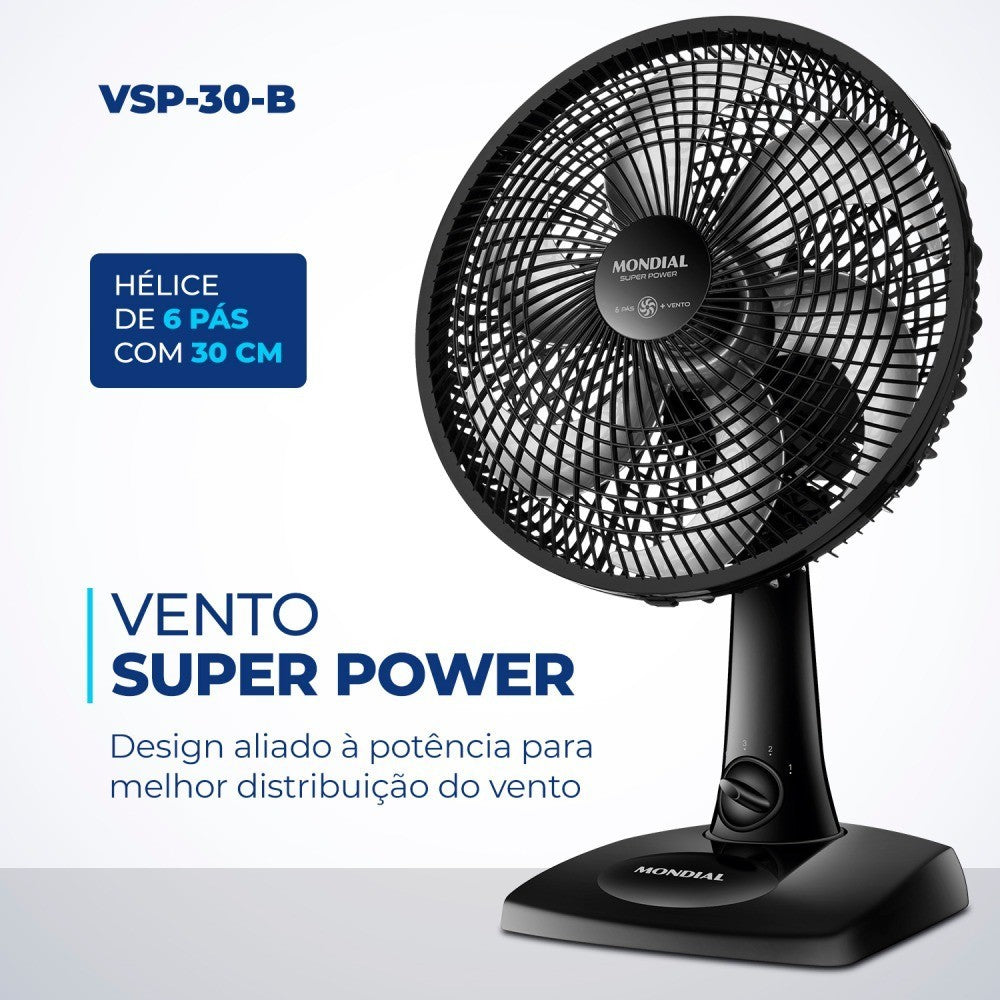 Imagem mostrando as características do Ventilador de mesa 6 pás Mondial: Vento super power.