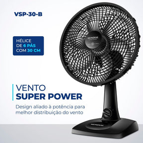 Imagem mostrando as características do Ventilador de mesa 6 pás Mondial: Vento super power.