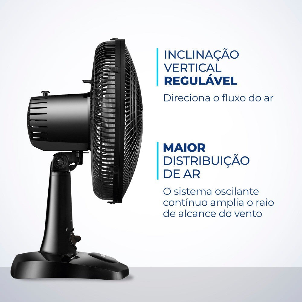 Imagem mostrando as características do Ventilador de mesa 6 pás Mondial: Inclinação vertical, regulável; Maior distribuição de ar.