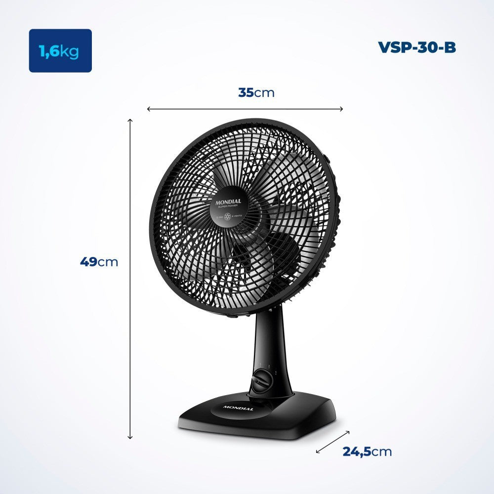 Imagem mostrando as medidas do Ventilador de mesa 6 pás Mondial: 49 centímetros de altura; 24,5 centímetros de largura e 35 centímetros de comprimento.