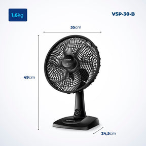 Imagem mostrando as medidas do Ventilador de mesa 6 pás Mondial: 49 centímetros de altura; 24,5 centímetros de largura e 35 centímetros de comprimento.