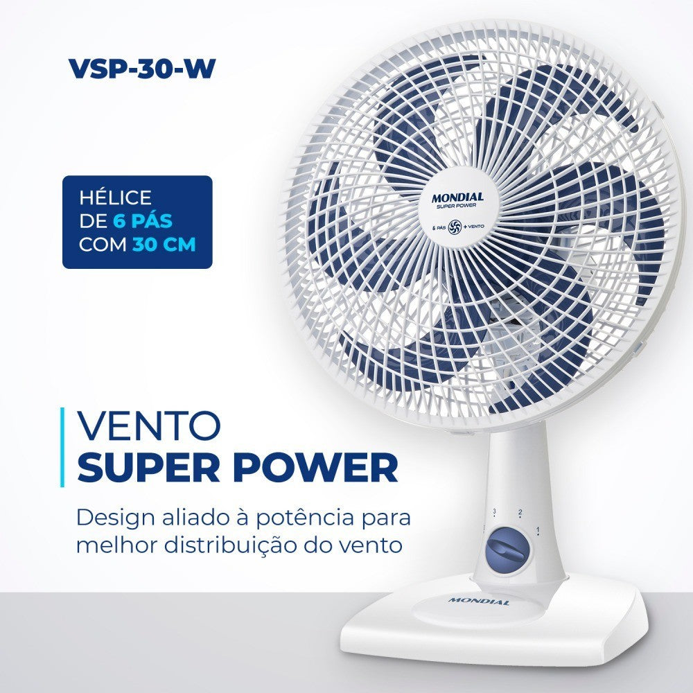 Imagem mostrando as características do Ventilador de Mesa 6 Pás Super Power Mondial: Vento super power.