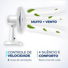 Imagem mostrando as características do Ventilador de Mesa 6 Pás Super Power Mondial: Controle de velocidade; Silêncio e conforto.