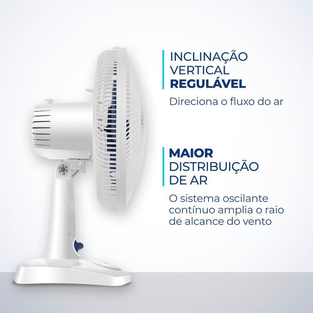 Imagem mostrando as características do Ventilador de Mesa 6 Pás Super Power Mondial: Inclinação vertical regulável; Maior distribuição de ar.