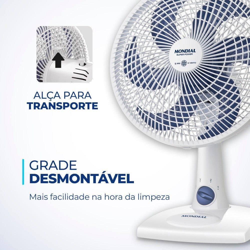 Imagem mostrando as características do Ventilador de Mesa 6 Pás Super Power Mondial: Grande desmontável; Alça de transporte.