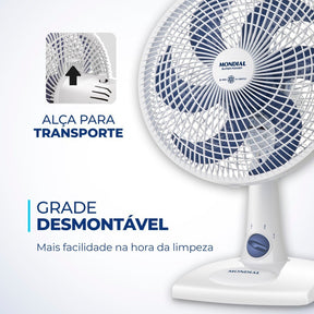 Imagem mostrando as características do Ventilador de Mesa 6 Pás Super Power Mondial: Grande desmontável; Alça de transporte.