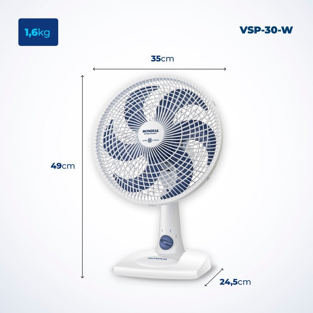 Imagem mostrando as medidas do Ventilador de Mesa 6 Pás Super Power Mondial: 35 centímetros de comprimento; 24,5 centímetros de largura e 49 centímetros de altura.