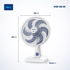 Imagem mostrando as medidas do Ventilador de Mesa 6 Pás Super Power Mondial: 35 centímetros de comprimento; 24,5 centímetros de largura e 49 centímetros de altura.