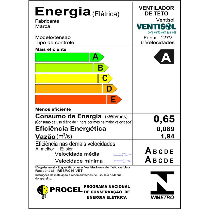 Imagem do mostrando o consumo de energia do Ventilador de Teto Bivolt com Controle Remoto.